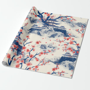 Japanse Pagode Kersenbloesem Blau Crème Cadeaupapier