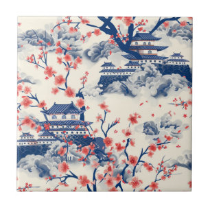Japanse Pagode Kersenbloesem Blau Crème Tegeltje