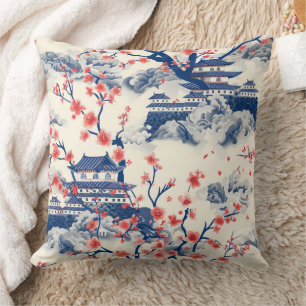Japanse Pagode Kersenbloesem Blauwe Crème Kussen