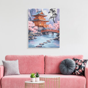Japanse Pagode Kersenbloesem Landschapskunst Canvas Afdruk