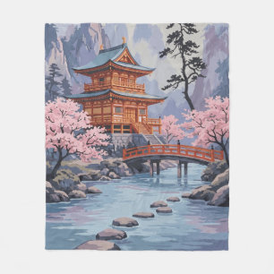 Japanse Pagode Kersenbloesem Landschapskunst Fleece Deken