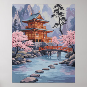 Japanse Pagode Kersenbloesem Landschapskunst Poster