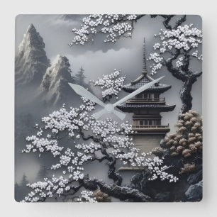 Japanse Pagode & Kersenbloesem Landschapsmuur Vierkante Klok