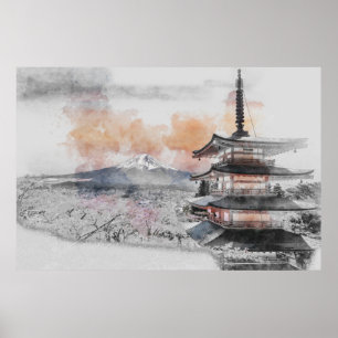Japanse Pagode met Mount Fuji – Minimalistisch  Poster