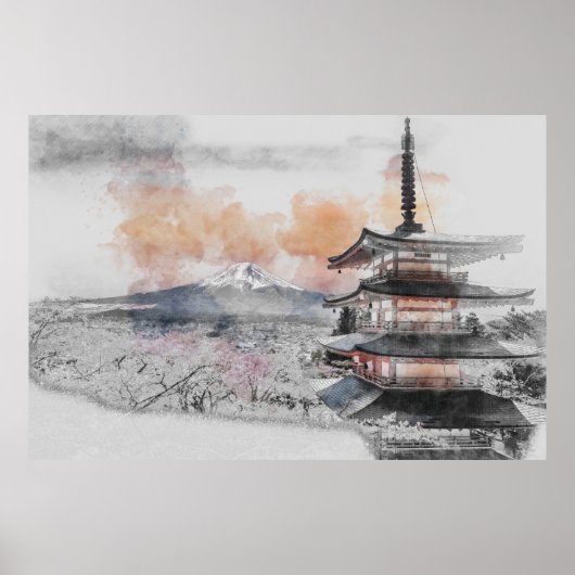 Japanse Pagode met Mount Fuji – Minimalistisch  Poster (Voorkant)