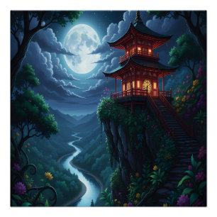 Japanse pagode op een klif bij maanlicht perfect poster