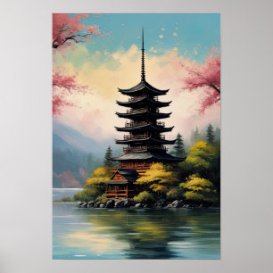 Japanse pagode op Rocky Shore Poster