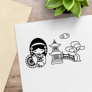 Japanse paraplu geisha meisje in kimono plakboek rubberstempel