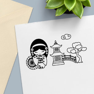 Japanse Paraplu Meisje in Kimono Scrapbook Zelfinktende Stempel