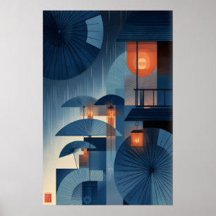 Japanse Paraplu Muur Kunst Gelaagde Regen en Poster