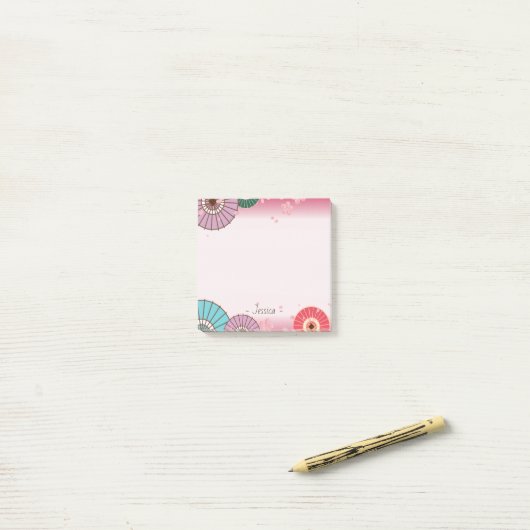 Japanse paraplu's en Cherry Blossom op persoonlijk Post-it® Notes (Op bureau)