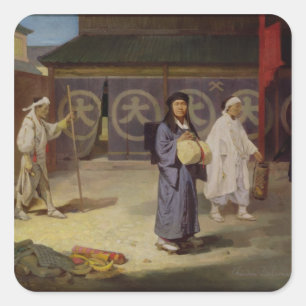 Japanse pelgrim die terugkeert uit de berg Fusi Ya Vierkante Sticker