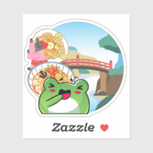 Japanse picknick bij de brug met kat en kikker sticker