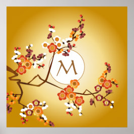 Japanse plum Blossom Moon Gold Oranje Red Branch Poster
