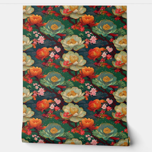 Japanse pony's op smaragd behang (Afrollen)