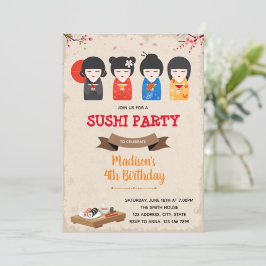 Japanse pop en sushi-jarig Uitnodiging (Staand voorkant)