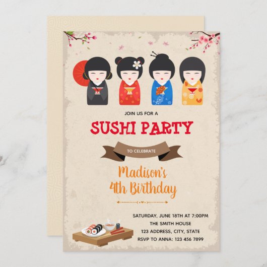 Japanse pop en sushi-jarig Uitnodiging (Voorkant / Achterkant)