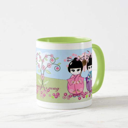 Japanse poppen, kersenbloesems, mok met tekst (Voorkant rechts)