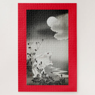 Japanse printkonijn beschouwt de moonpuzzel als ee legpuzzel
