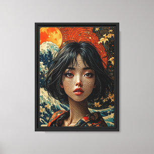 Japanse psychedelische vrouw - Moon & Wave Canvas Afdruk