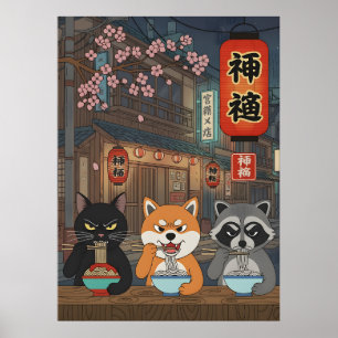 Japanse Ramen kat hond Wasbeer Dieren Kunst Noedel Poster
