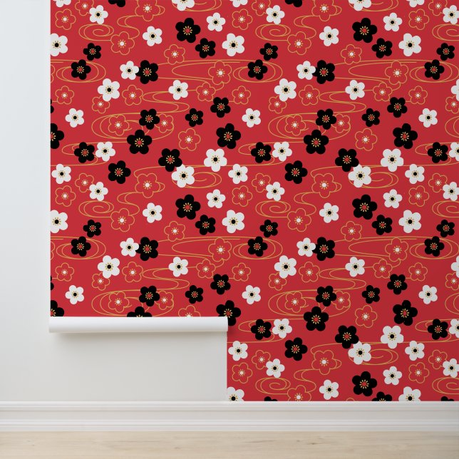 Japanse Red Sakura Cherry Blossom Flowers Behang (Applicatie)