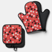 Japanse Red Sakura Cherry Blossom Flowers Ovenwant & Pannenlap Set (Voorkant / Achterkant)