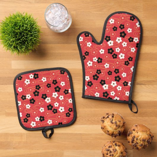 Japanse Red Sakura Cherry Blossom Flowers Ovenwant & Pannenlap Set (Top down)