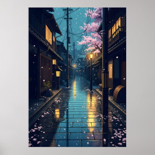 Japanse Regenachtige Gezellige Kersenbloesemstraat Poster