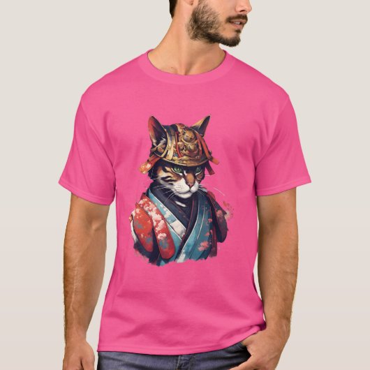 Japanse Retro Samurai Cat Warrior T-shirt (Voorkant)