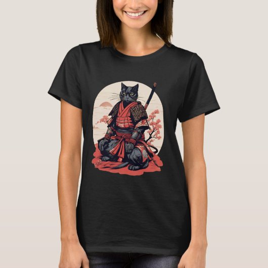 Japanse Retro Samurai Kat Krijger T-Shirt (Voorkant)