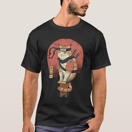  Japanse Retro Sushi Samurai Neko Cat T-shirt (Voorkant)