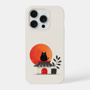 Japanse Retro Zonsondergang Zwarte Kat Dak iPhone 15 Pro Case