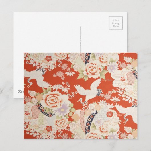 Japanse Rode Kimono Crane Pattern Sakura Flowers Briefkaart (Voorkant / Achterkant)