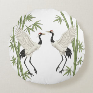 Japanse Rode Kroonkraanvogels Borduurwerk Bamboe c Rond Kussen