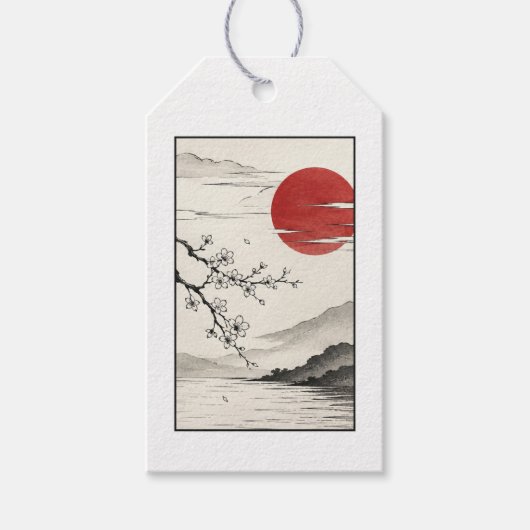 Japanse Rode Zon Kersenbloesem Landschap Cadeaulabel (Voorkant)