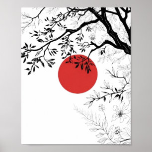 Japanse Rode Zon & Kwast Boom Kunst Poster