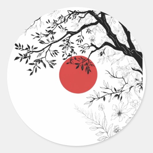 Japanse Rode Zon & Kwast Boom Kunst Ronde Sticker (Voorkant)