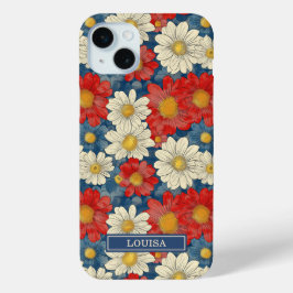 Japanse Rood Bloemmotief met Initialen iPhone 15 Mini Hoesje