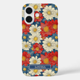Japanse Rood Bloemmotief met Initialen iPhone 16 Hoesje
