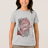 Japanse Rood-Dragon Bloemkunst Tri-Blend Shirt (Voorkant)
