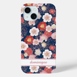 Japanse Roze Bloempatroon met Monogram iPhone 15 Case