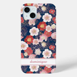 Japanse Roze Bloempatroon met Monogram iPhone 15 Mini Hoesje