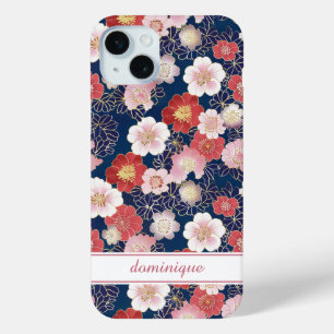 Japanse Roze Bloempatroon met Monogram iPhone 15 Mini Hoesje