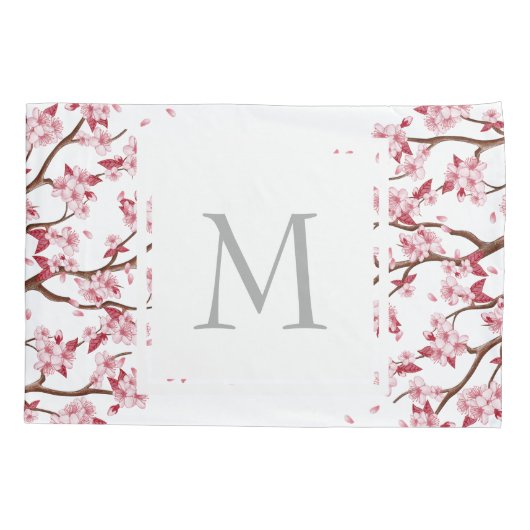 Japanse Roze Kersenbloesems - Monogrammed Kussensloop (Achterkant)