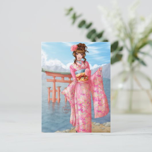 Japanse roze kimono briefkaart (Staand voorkant)