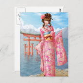 Japanse roze kimono briefkaart (Voorkant / Achterkant)
