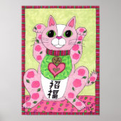 Japanse roze Lucky Cat Maneki Neko Folk Art Poster (Voorkant)