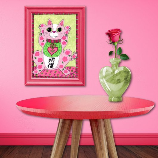 Japanse roze Lucky Cat Maneki Neko Folk Art Poster