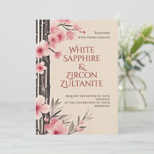 Japanse Sakura Bamboo bruiloft uitnodiging (Staand voorkant)